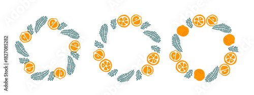 Christmas frame, wreath with Mandarins and spruce twigs. Christmas decorative frame of festive elements. Round frame set with copy space. Color vector in doodle style isolated on white background