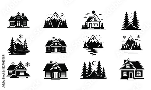 Vector icons of winter cabin houses and mountain landscapes ideal for creating design elements