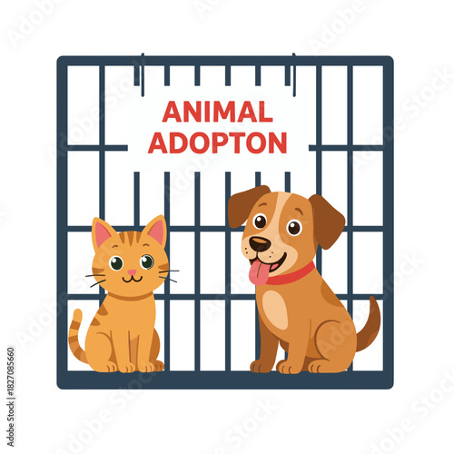 Cartoon cat and dog in an animal adoption cage illustration  