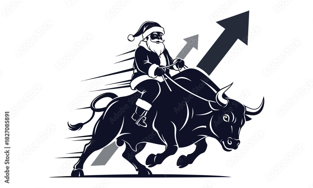Naklejka premium Santa Claus Riding Bull with Upward Arrows Representing Financial Growth during Christmas Season