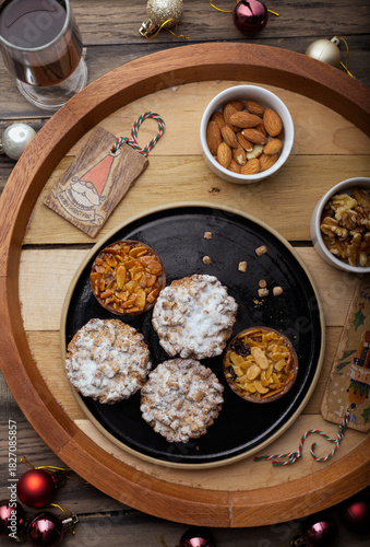 Christmas mince pies and biscuits shot from above.