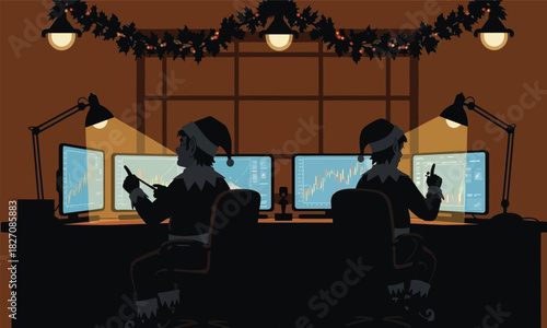 Christmas elves trading stocks watching charts on computers in dark room vector illustration