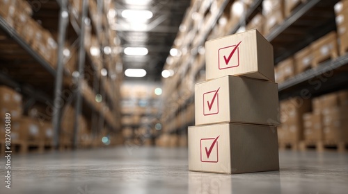 Logistics and supply chain management with checked boxes in warehouse