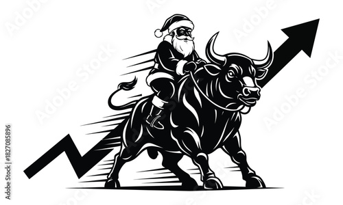 Santa Claus Riding a Bull with Financial Arrow Pointing Upward in Monochrome