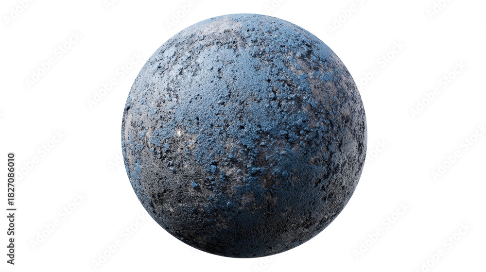 Fototapeta premium Blue gray textured 3d sphere with pitted, concrete like surface resembling a distant planet or asteroid, evoking cosmic exploration, decay, and futuristic sci fi design, png