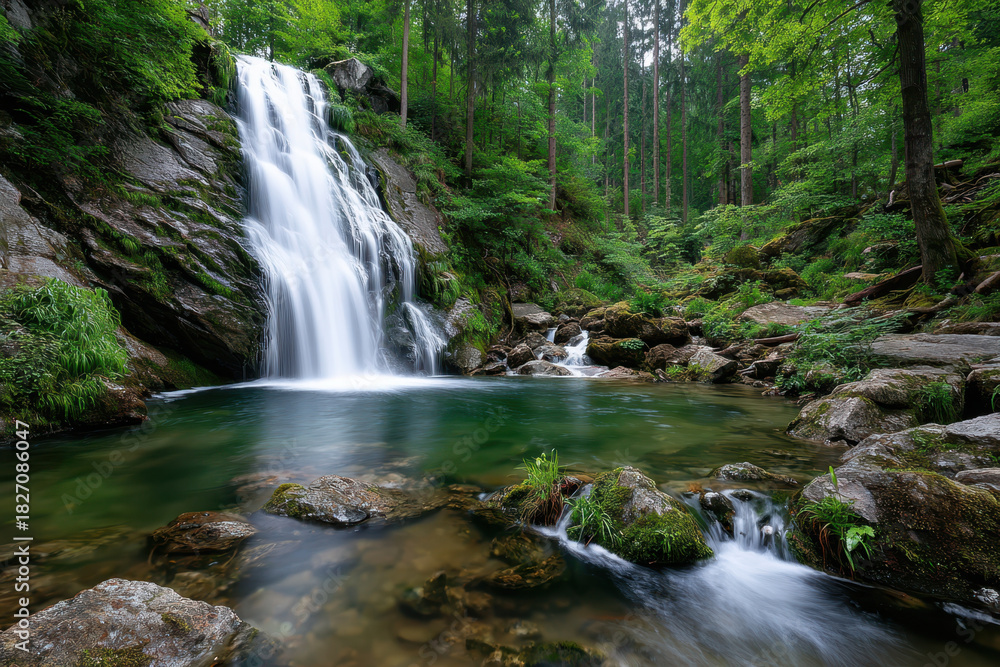 Obraz premium Tranquil Forest Waterfall and Green Pool