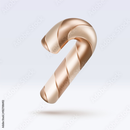 Golden candy cane with gold and white stripes and shadow. Christmas vector illustration for postcard, business card, decor, design, arts, party, sale, advertising