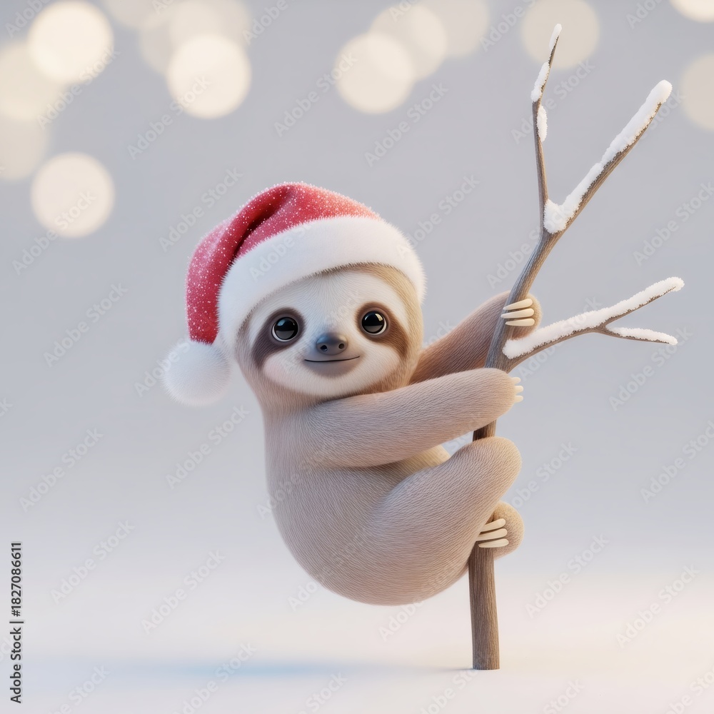 Naklejka premium Cute sloth wearing a Santa hat hanging on a snowy branch with festive bokeh lights in the background. Christmas and New Year holiday season concept,flyer with copy space