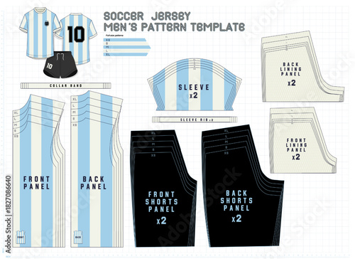 Technical vector pattern of a football jersey with full panels, XS–XL grading, and ready-to-sew pieces. Ideal for urban apparel design, sublimation prints, sportswear graphics, and textile production