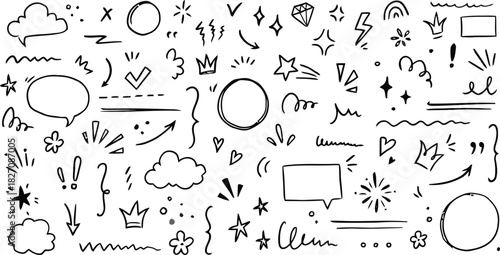 doodle, hand drawn, illustration, sketch, drawing, icons, symbols, arrows, stars, clouds, speech bubbles, hearts, crowns, lines, circles, exclamation marks, question marks, check marks, sparkles, abst