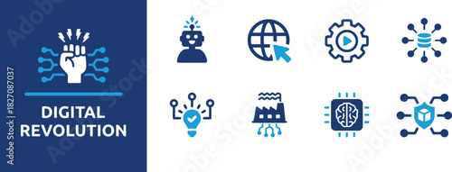 gear, graphic, abstract, fist, technology, connections, collection, button, isolated, technological, intelligence, with, brain, global, icons, within, robot, symbol, revolution, background, includes, 