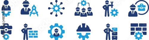 gear, graphic, wrench, architect, safety, light, builder, wall, briefcase, with, equipment, blue, gear., icons, construction, cabinet, illustration, symbol, construction., blueprint, tool, include, su