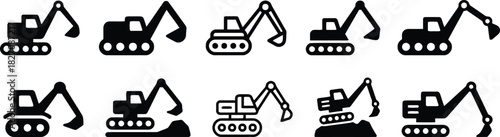 excavator, digger, construction, machine, heavy, equipment, vehicle, industry, icon, symbol, silhouette, black, white, background, isolated, set, collection, transport, engineering, earthmoving, bulld