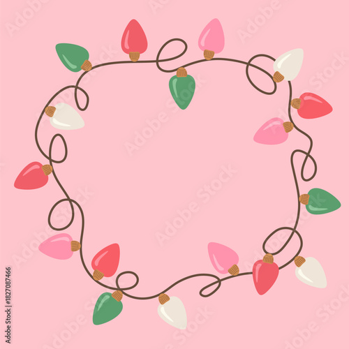 A bright frame of garlands with festive red lights on a pink background in a flat style.