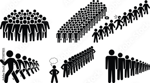 Crowd, queue, and social distance stick figures; people icons set