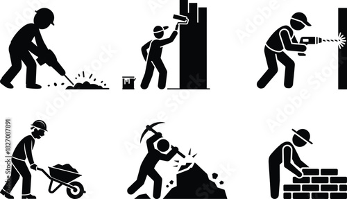 Construction and renovation worker actions pictogram icons set