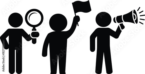 Protest, investigation, communication group black stick figures