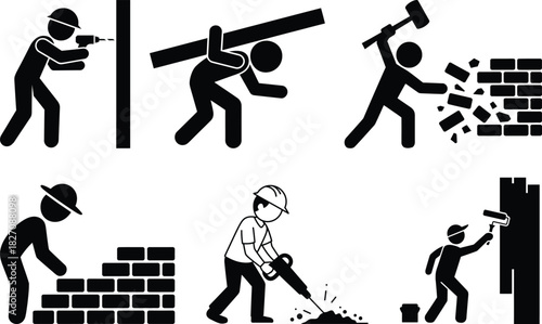 Construction work icons: building, demolition, renovation tasks