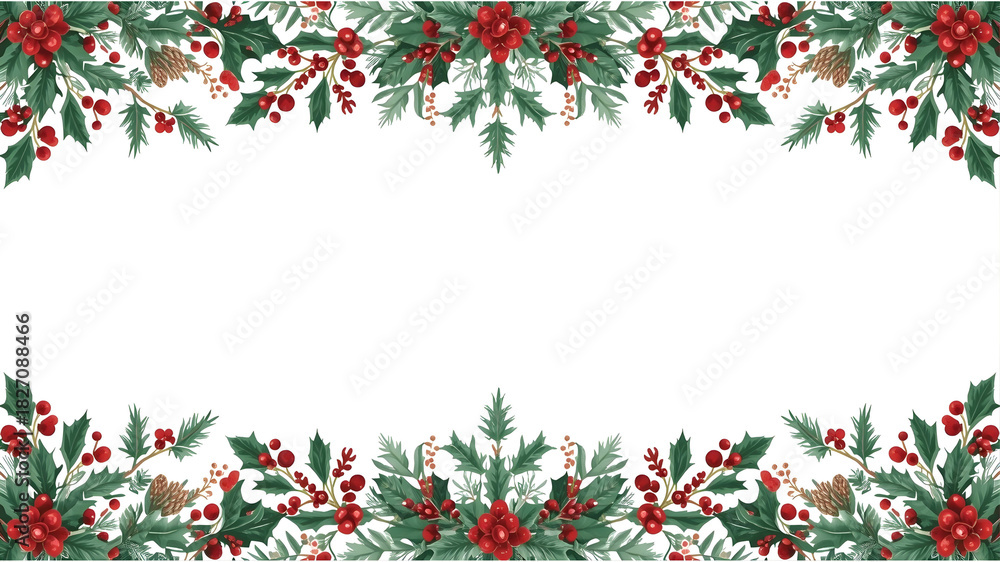 Fototapeta premium Christmas winter holiday frame with hand drawn tree branches, leaves, and berries, png, vector, isolated on transparent background, flat design