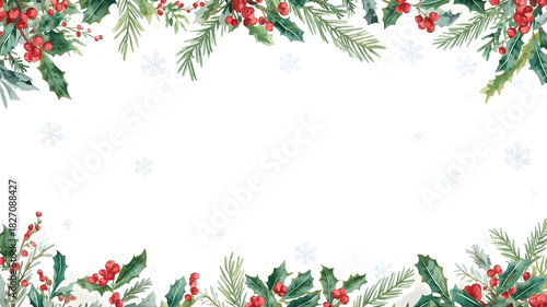 Christmas winter holiday frame with hand drawn tree branches, leaves, and berries, png, vector, isolated on transparent background, flat design