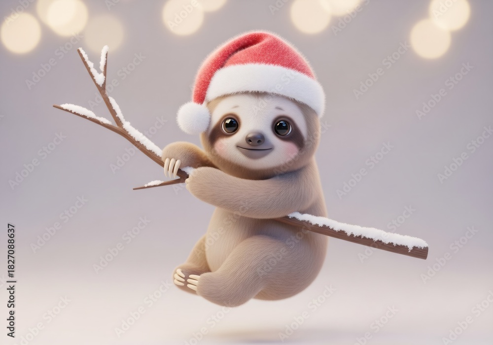 Naklejka premium Cute sloth wearing a red Santa hat, hanging on a snow-covered branch. Adorable Christmas animal character for holiday greeting card design.