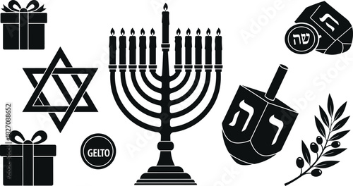 Set of Hanukkah holiday icons including menorah dreidel and star vector illustration solid black isolated on white background Jewish festival symbols flat design.