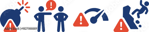 warning, danger, alert, risk, hazard, caution, icon, set, people, bomb, explosion, finger, pointing, speech bubble, exclamation mark, dashboard, gauge, falling, person, accident, safety, concept, blue