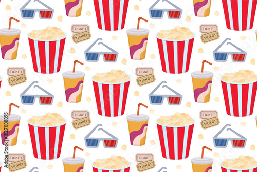 Seamless pattern with soda cups, popcorn buckets, movie tickets and 3D glasses. Colorful background with cinema elements
