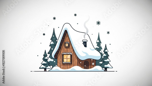 Charming snow-covered cabin nestled among pine trees, smoke from chimney, evokes cozy winter holiday, vector illustration, perfect for festive designs