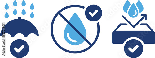 water, drop, umbrella, protection, waterproof, water-resistant, liquid, rain, shield, no water, forbidden, prohibited, check, tick, approval, symbol, icon, set, collection, design, graphic, illustrati