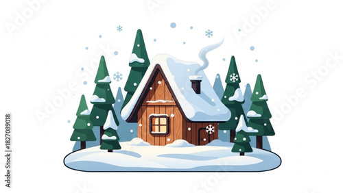Cozy cabin nestled in a snowy winter forest, perfect for holiday cards, winter promotions, and seasonal designs, evokes warmth and tranquility
