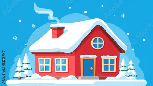 Charming winter home scene with snow-covered roof and trees, perfect for holiday cards, seasonal greetings, and warm wishes from a cozy abode