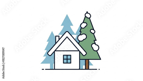 Charming winter cabin nestled among snow-dusted pines, a cozy holiday retreat radiating peace and serenity in a minimalist, modern design perfect for seasonal cheer