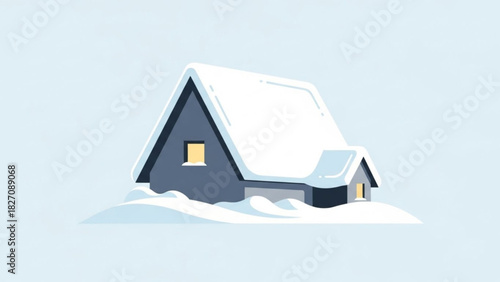 Cozy winter home covered in fresh snow, inviting escape for holidays, perfect for seasonal greetings, representing peaceful retreat and simple living