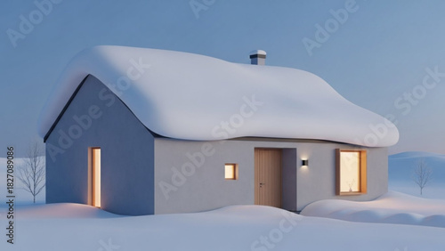 Charming winter cottage covered in soft snow, serene minimalism, calm architecture, inviting home, warm glow, peaceful escape, cozy retreat, holidays