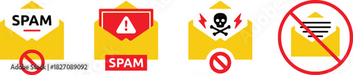 spam, email, warning, alert, danger, prohibited, forbidden, envelope, message, notification, skull, crossbones, lightning bolt, red circle, cross, exclamation mark, icon, symbol, graphic, illustration
