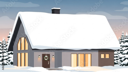 Cozy winter home nestled amidst snow-covered evergreens, a wreath adorning the door welcomes you to a peaceful escape during the holidays