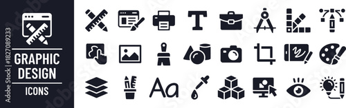 graphic design icons, design tools, creative process, software, website, ruler, pencil, brush, printer, font, briefcase, compass, color palette, pen tool, layers, camera, crop, smartphone, paint, eyed