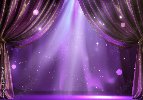 Purple theater stage background with luxurious velvet curtains, dramatic spotlight illumination, and sparkling effects