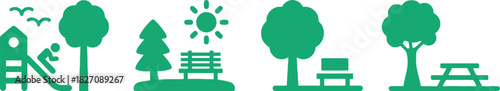 park, playground, tree, slide, sun, bench, picnic table, nature, recreation, outdoor, activity, children, family, leisure, green, silhouette, icon, symbol, illustration, design, graphic, white backgro