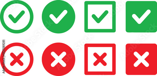 checkmark, tick, cross, x, mark, symbol, sign, correct, incorrect, yes, no, approved, rejected, confirmation, error, success, failure, round, circle, square, box, green, red, white, graphic, icon, set