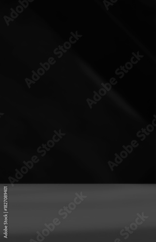 Empty black room studio with shadow overlay effect for product presentation display. Art and architecture showroom. Morning sunlight through the window. Minimal Mock up interior background.