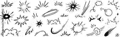 graphic, ink, abstract, explosion, element, burst, energy, motion, collection, simple, [converted], speed, blast, black, with, book, comic, boom, lines, bomb, action, include, hand, cloud