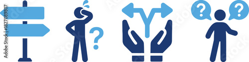signpost, direction, choice, crossroads, person, confused, thinking, question mark, hands, open, offering, help, dialogue, speech bubble, question, icon, set, collection, design, graphic, illustration