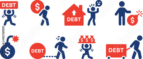 debt, money, finance, loan, credit, burden, bomb, house, person, carrying, running, sad, worried, financial problem, crisis, red, blue, icon, symbol, illustration, white background, isolated, dollar s