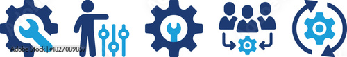 gears, tools, wrench, teamwork, collaboration, people, icon, symbol, business, industry, engineering, mechanics, strategy, process, management, blue, light blue, white background, cogwheel, screwdrive