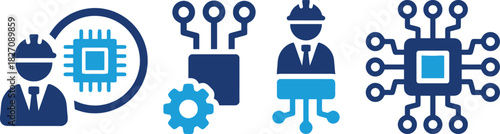 engineer, technician, worker, man, silhouette, hard hat, suit, tie, microchip, processor, circuit, board, technology, engineering, computer, science, digital, data, network, connection, system, develo