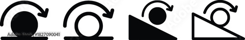 icon, symbol, rolling, ball, sphere, falling, ramp, incline, triangle, base, support, movement, motion, physics, gravity, dynamics, unstable, balance, structure, concept, graphic, design, illustration