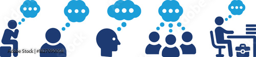people, thinking, idea, brainstorming, discussion, collaboration, work, office, business, icon, symbol, silhouette, blue, white background, thought bubble, speech bubble, group, individual, man, woman
