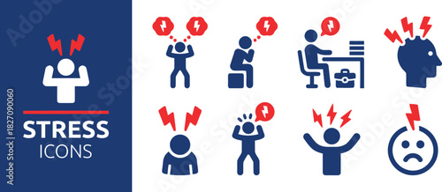 stress, anxiety, pressure, mental health, overload, burnout, headache, frustration, worry, icons, symbols, graphics, illustration, set, collection, human, person, silhouette, red, blue, white, design,